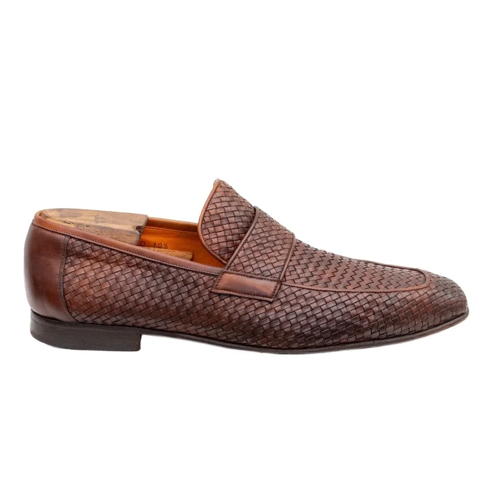 Santoni Woven Leather Loafers Mens US 10.5 UK 9.5 EU 44 Brown Handwoven
